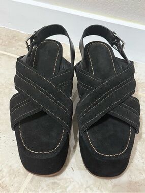 Free People Women's Beach Party Platform Sandals In Black Suede Color.